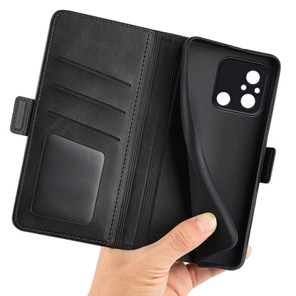 Black leather wallet flip phone case for Xiaomi Redmi 12C with card slots and hand