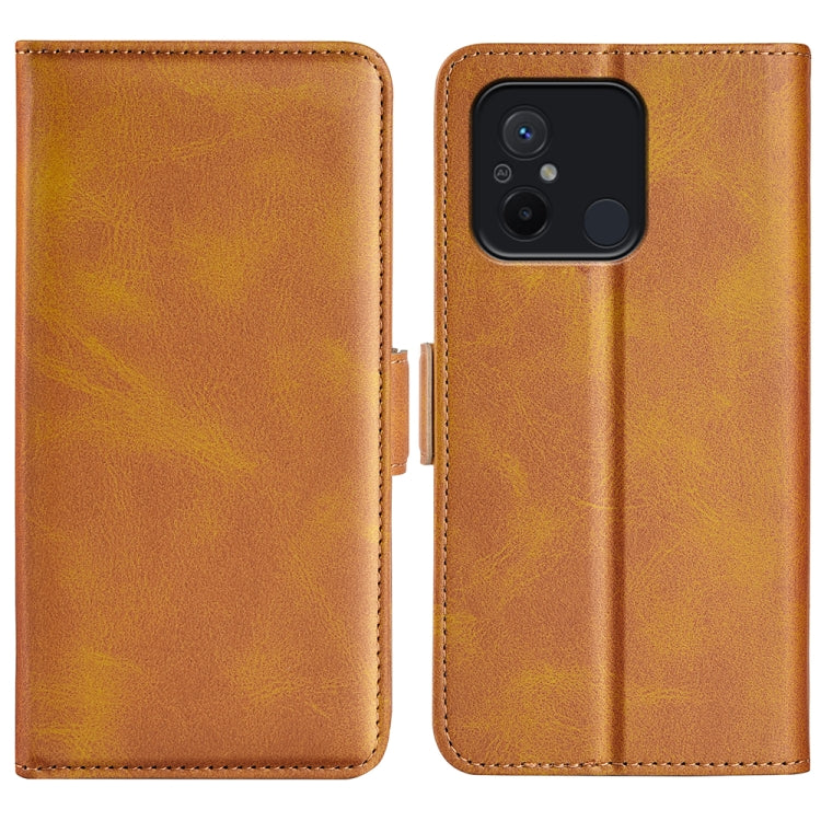 Tan leather flip phone case for Xiaomi Redmi 12C with magnetic buckle closure