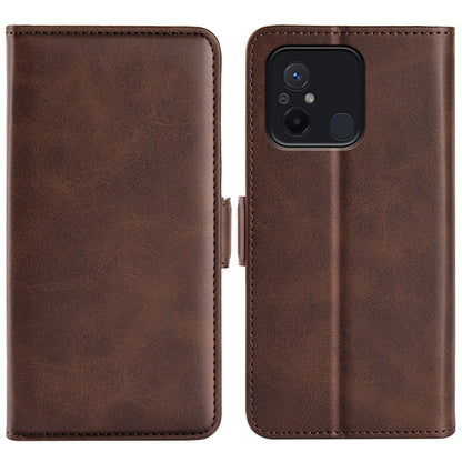 Brown leather flip phone case for Xiaomi Redmi 12C with magnetic buckle closure
