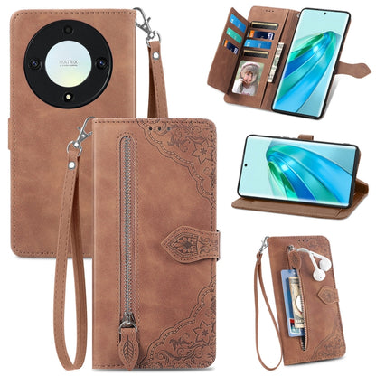 Embossed Flower Zipper Leather Phone Case, For Honor Magic5 Lite, For Honor X40, For Honor X9a