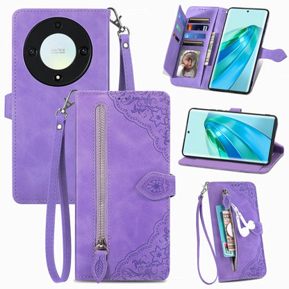Embossed Flower Zipper Leather Phone Case, For Honor Magic5 Lite, For Honor X40, For Honor X9a