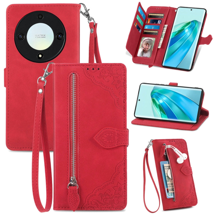 Embossed Flower Zipper Leather Phone Case, For Honor Magic5 Lite, For Honor X40, For Honor X9a