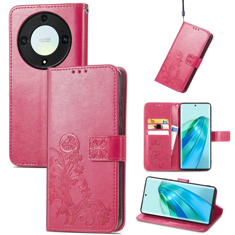 Magenta leather phone case with embossed floral design and four-leaf clasp buckle