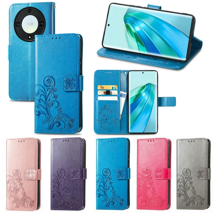 Assorted leather phone cases in multiple colors with four-leaf embossing and clasp closures