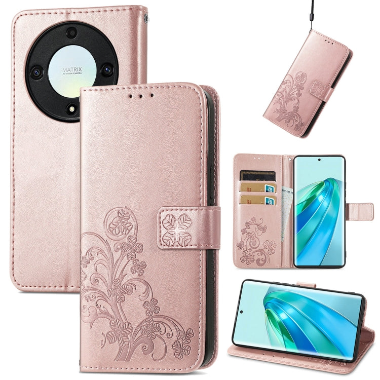 Rose-pink leather phone case with embossed floral motif and four-leaf clasp buckle