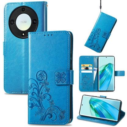 Blue leather phone case with four-leaf embossed floral pattern, clasp closure, and card slots