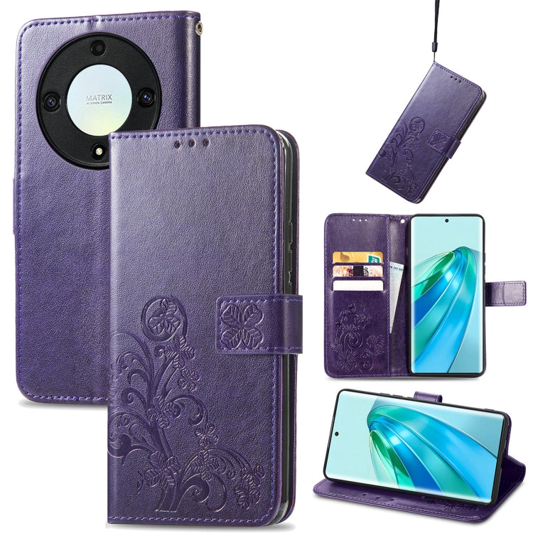 Purple leather phone case with embossed four-leaf motif, clasp closure, and card slots