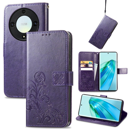 Purple leather phone case with embossed four-leaf motif, clasp closure, and card slots