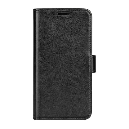 Black textured leather flip phone case with front cover and button cutout