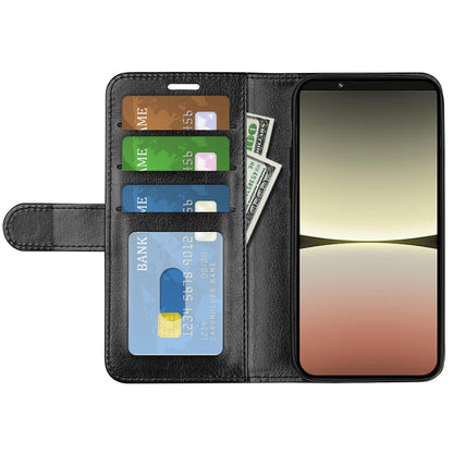 Black textured flip leather phone case with card slots and viewing window