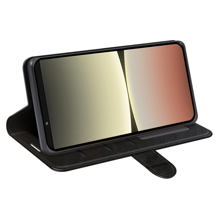 Black textured leather flip phone case with kickstand for landscape viewing