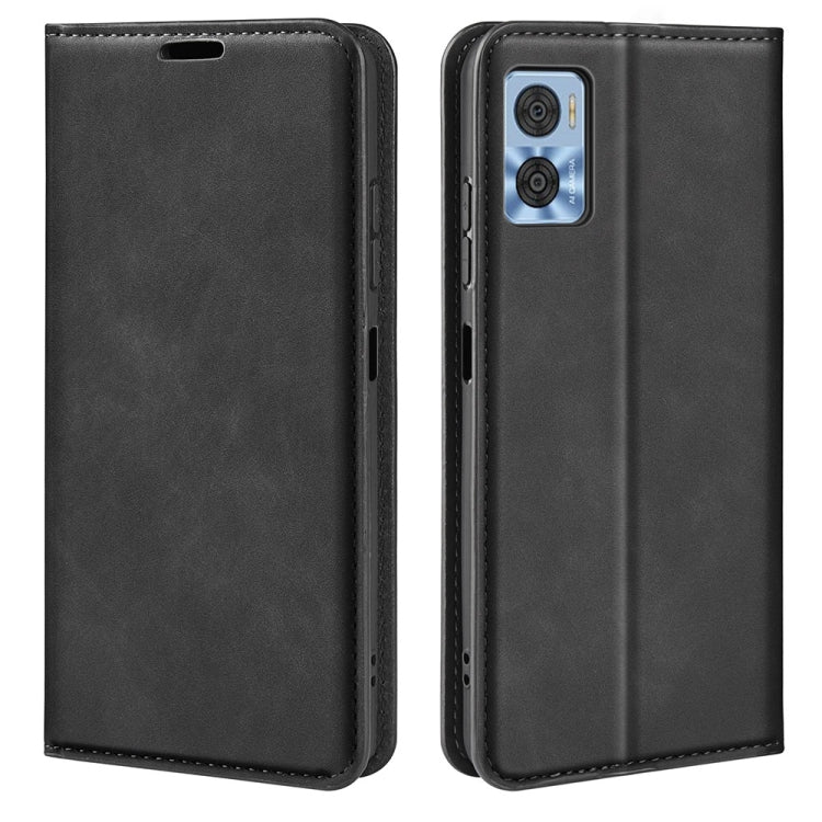 Magnetic leather phone case with flap for Motorola Moto E22/E22i, black color, side cutouts