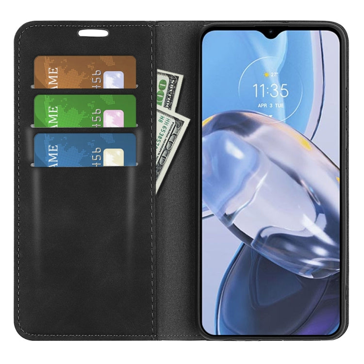 Magnetic leather phone case for Motorola Moto E22/E22i, black, card slots and open flip
