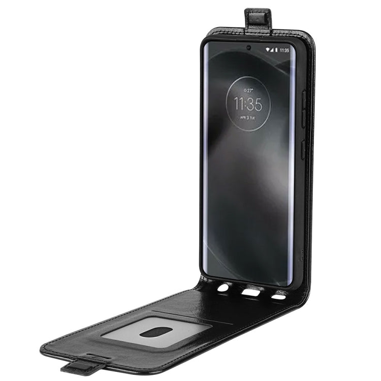 Black vertical flip leather phone case with cover open and viewing window
