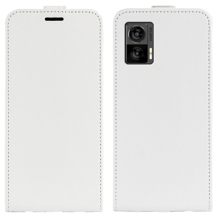 White vertical flip leather phone case with stitched edges and camera cutout
