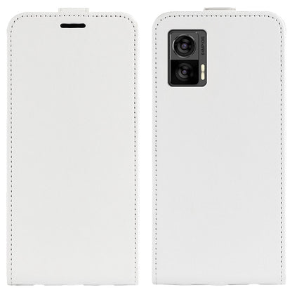 White vertical flip leather phone case with stitched edges and camera cutout