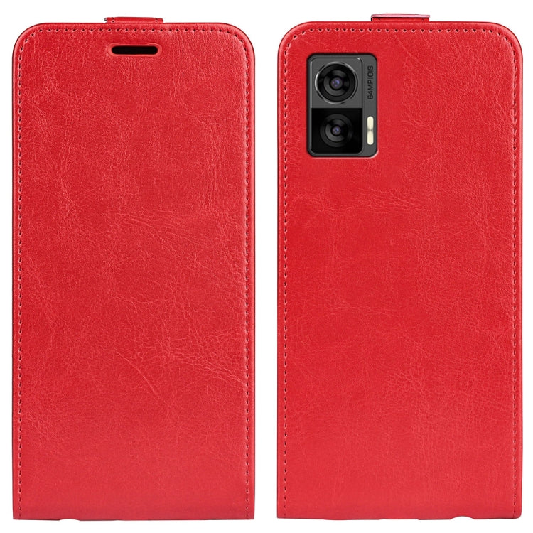 Red vertical flip leather phone case with dual camera cutout