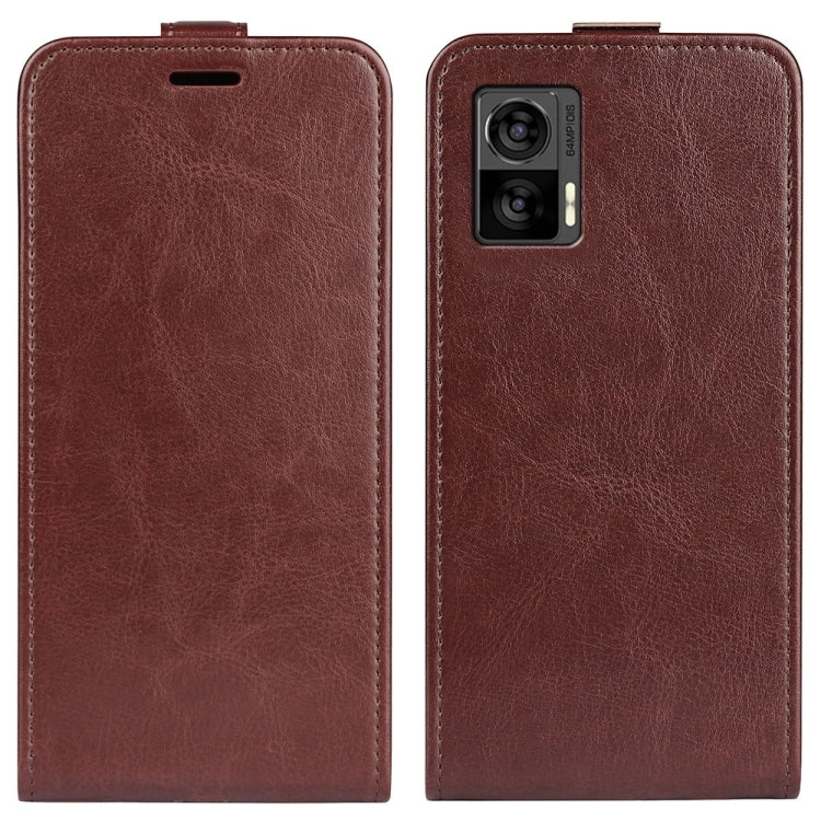 Brown vertical flip leather phone case with dual camera cutout