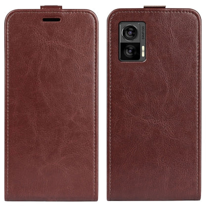 Brown vertical flip leather phone case with dual camera cutout