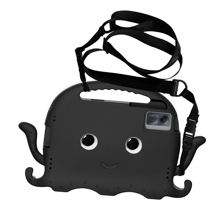 Black octopus tablet case with two eyes and shoulder strap, rugged textured back
