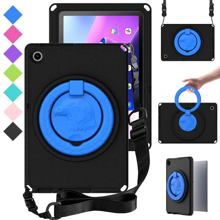 Shockproof tablet case with rotating blue-ring handle, black cover, front camera cutout