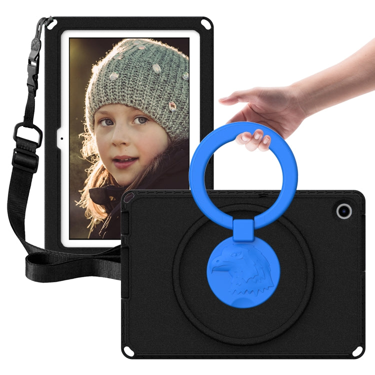 Shockproof tablet case with blue circular hand grip, black cover, adjustable shoulder strap