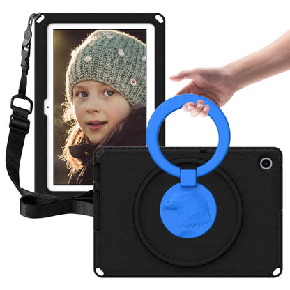 Shockproof tablet case with blue circular hand grip, black cover, adjustable shoulder strap