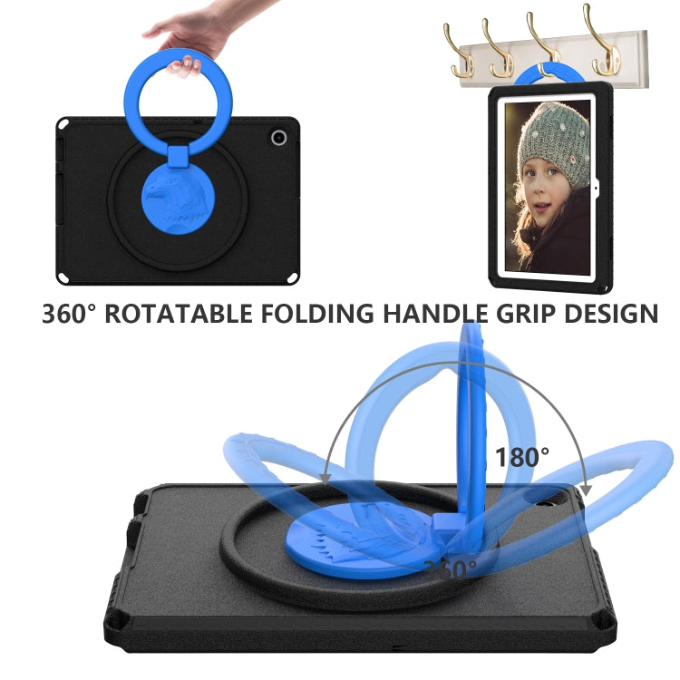 Shockproof tablet case with 360° rotating blue handle, black cover, tablet docked