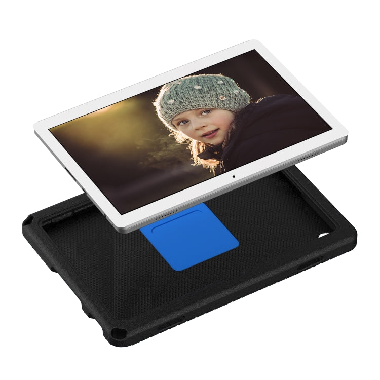 Shockproof tablet case with textured black shell and blue accessory slot, tablet supported