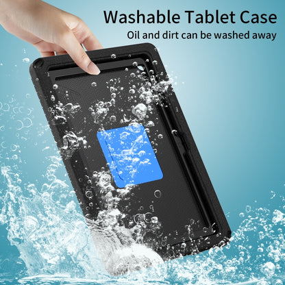 Shockproof tablet case with black shell and blue insert, shown with water spray coverage