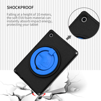 Shockproof tablet case with blue circular impact shield, black cover, corner reinforcement