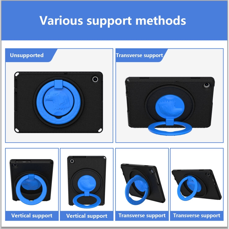 Shockproof tablet case featuring blue ring grip shown in multiple support angles, black back