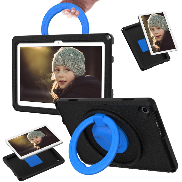 Shockproof tablet case with blue-ring handle and stand, black cover holding tablet
