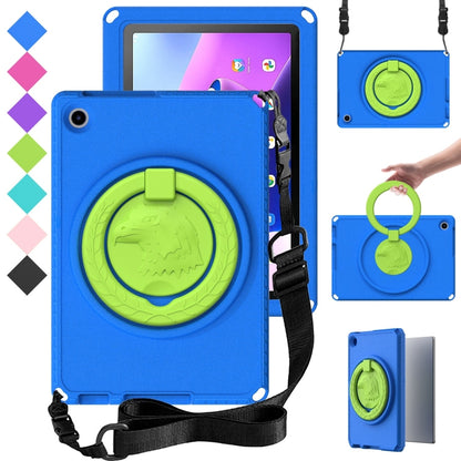 Shockproof tablet case in blue with green-ring grip, black strap, tablet opening visible
