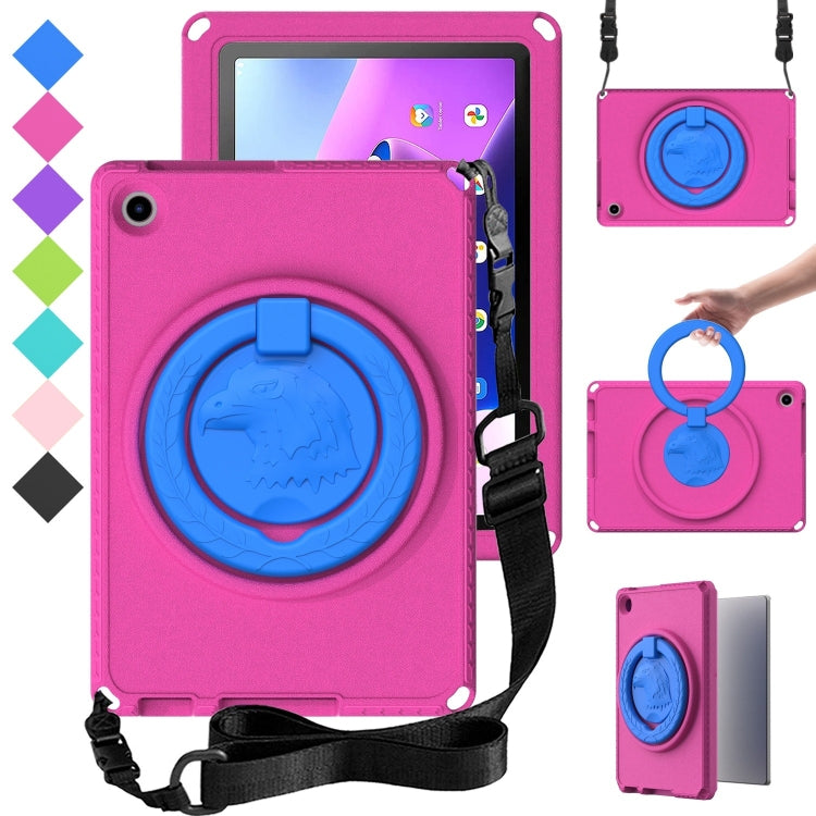 Shockproof tablet case in pink with blue-ring grip, black strap, tablet opening visible