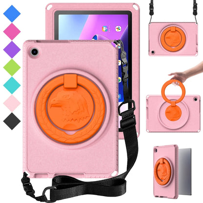 Pink hard tablet case with circular stand ring and adjustable shoulder strap
