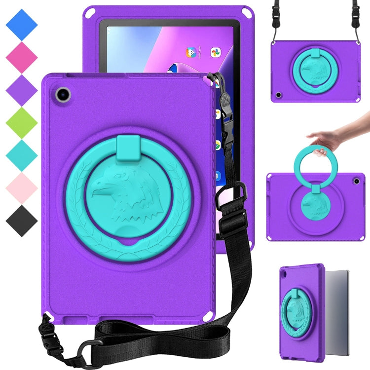 Purple hard tablet case with circular stand ring and adjustable shoulder strap