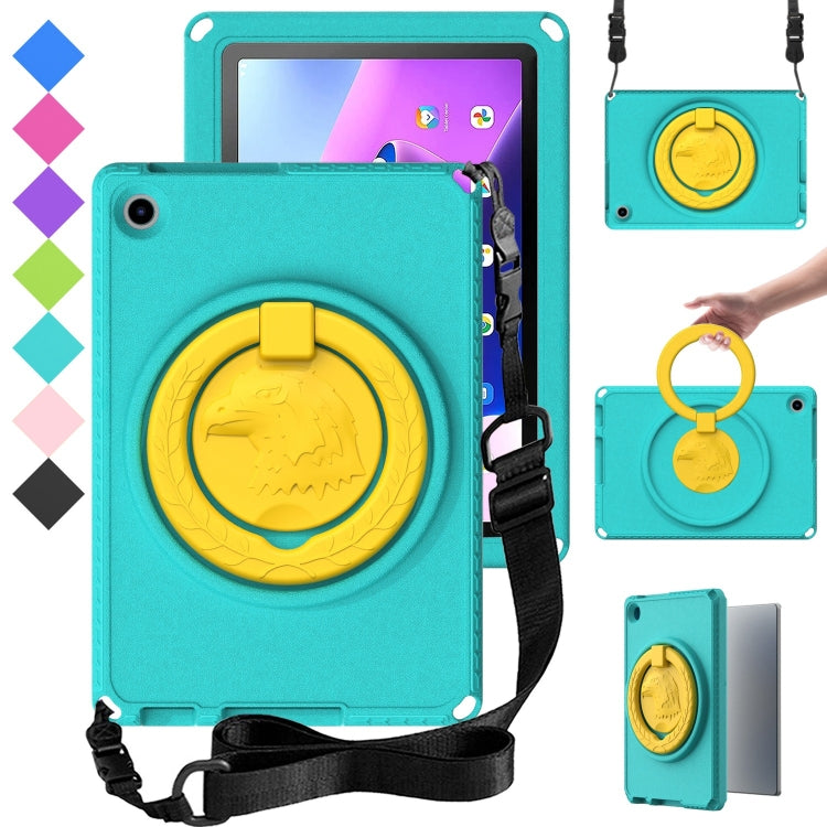 Teal hard tablet case with yellow circular stand ring and adjustable shoulder strap