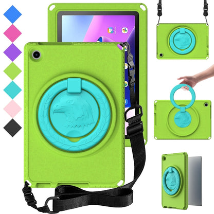 Green hard tablet case with teal circular stand ring and adjustable shoulder strap
