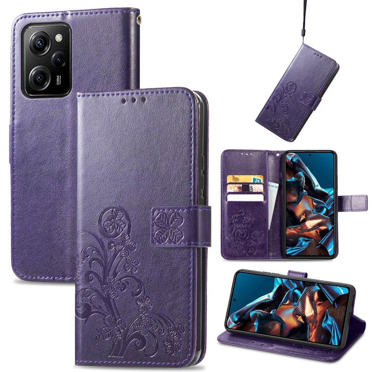 Purple leather phone case with embossed clover floral design, folio wallet and card holder