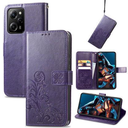 Purple leather phone case with embossed clover floral design, folio wallet and card holder
