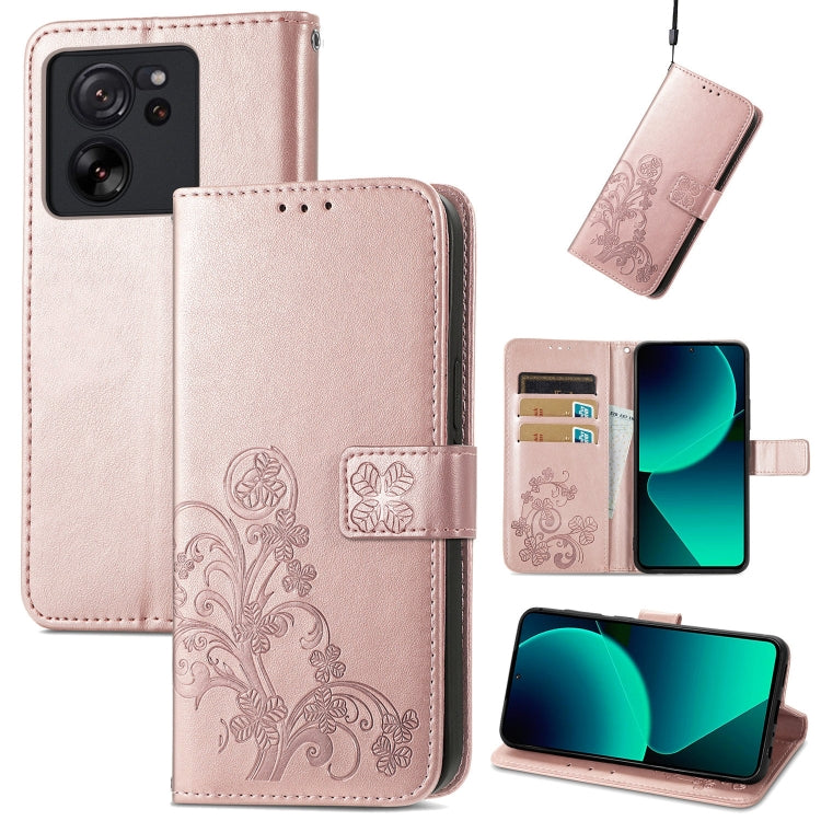 Rose-pink leather phone case with embossed clover floral design, folio wallet with card slots