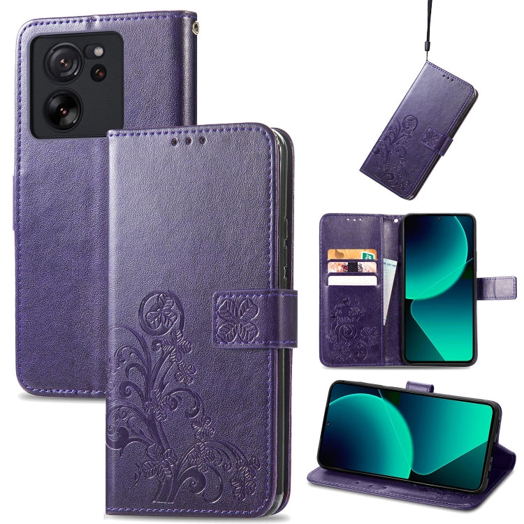 Purple embossed leather folio phone case with four-leaf clasp and card-slot cutouts