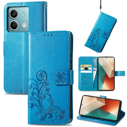 Blue embossed leather wallet phone case with four-leaf clasp and card slots
