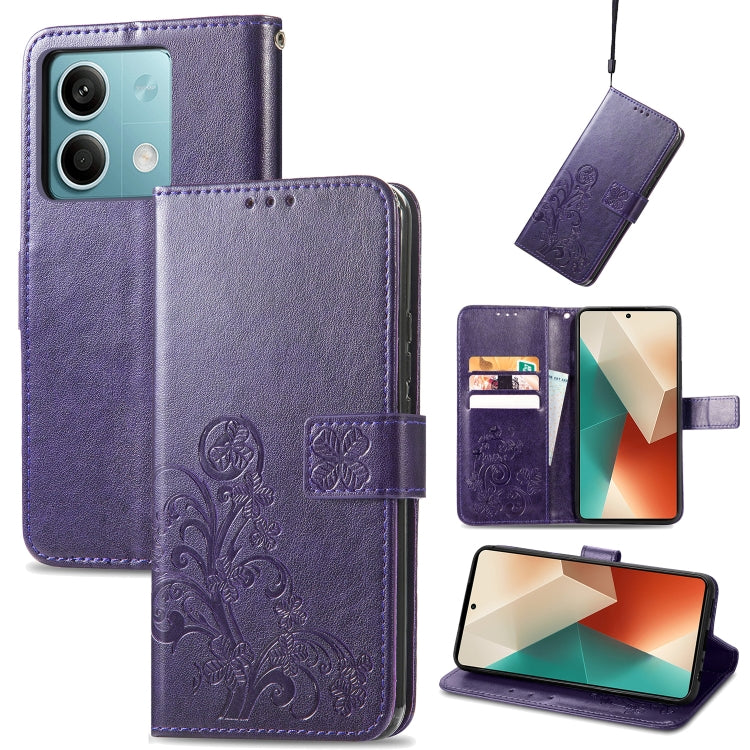 Purple embossed leather wallet phone case with four-leaf clasp and card slots