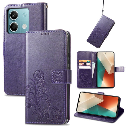 Purple embossed leather wallet phone case with four-leaf clasp and card slots