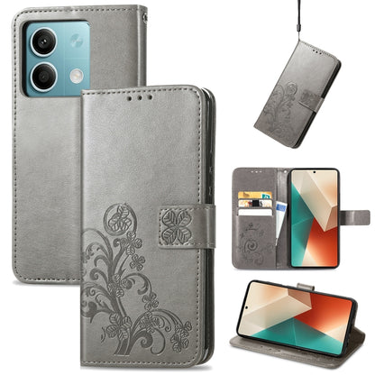Gray embossed leather wallet phone case with four-leaf clasp and card slots