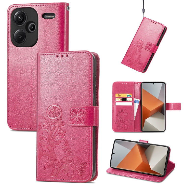 Pink embossed leather wallet phone case with four-leaf clasp and card slots