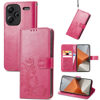 Pink embossed leather wallet phone case with four-leaf clasp and card slots