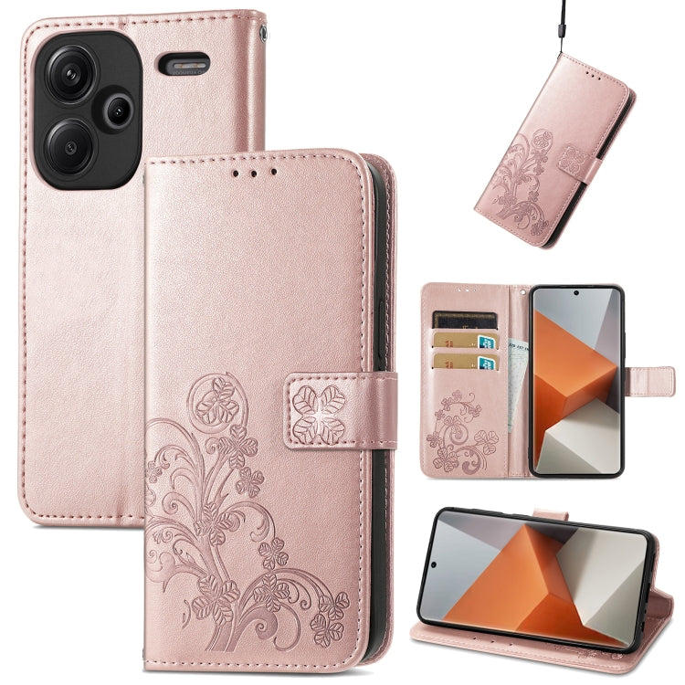 Light pink embossed leather wallet phone case with four-leaf clasp and card slots